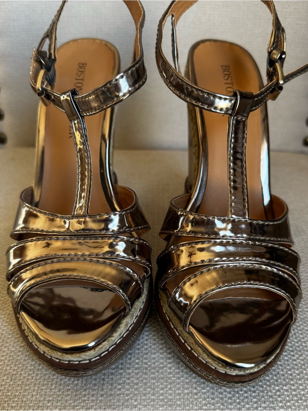 Boston Proper Metallic Bronze T‑Strap Wedge Sandals